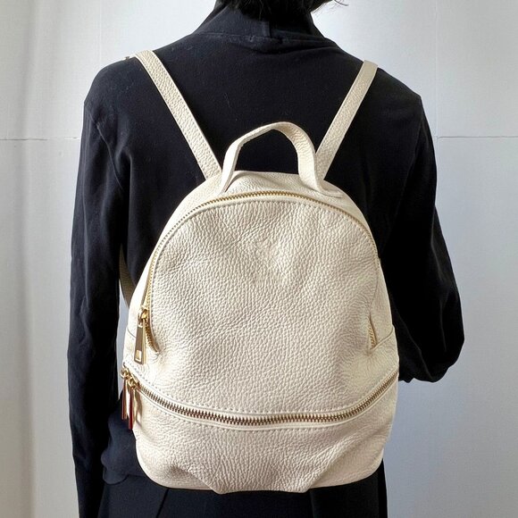 Italian Genuine Leather Mini Backpack Purse, Cream Pebble Texture, EC! main image 9